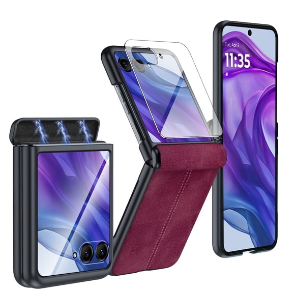 Vizvera for Motorola Razr Ultra 2024/Razr Pro 2025,with Screen Protector&Ultra Thin PU Leather Matte PC Shockproof Phone Case-Red