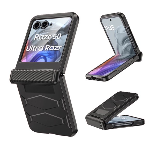 Vizvera for Motorola Razr 50 Ultra/Razr 60 Pro Armor Phone Case,with Hinge Cover,Built-in Screen Protector,Wireless Charging Shockproof Case-Black