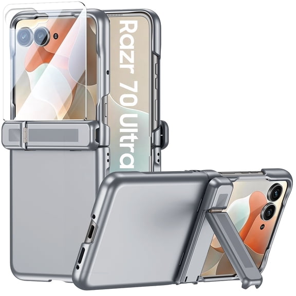 Vizvera for Motorola Razr Ultra 2025/Razr Ultra 2026 Phone Case,with Hinge Protection,Kickstand,Full-Body Rugged Anti-Scratch Shockproof Case-Gray