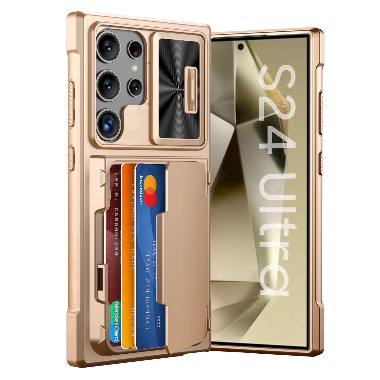 Vizvera for Samsung Galaxy S24 Ultra Phone Case with RFID Cards Holder (Store 4 Cards)&Camera Cover & Kickstand,Shockproof Silicone Case-Champagne