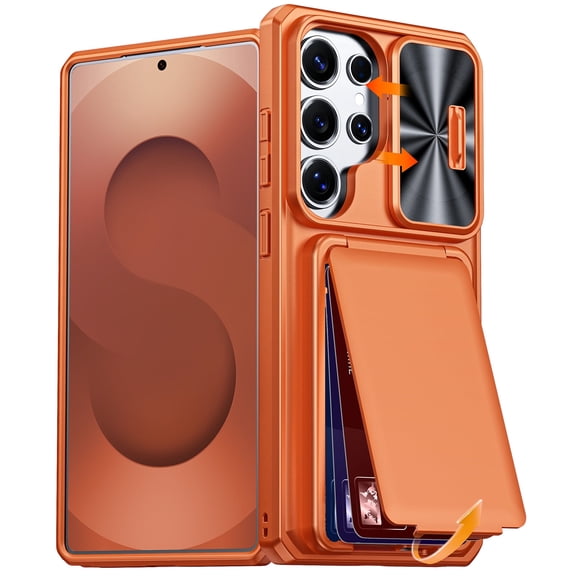Vizvera for Samsung Galaxy S25 Ultra Case,with RFID Blocking,Card Holder,Slide Camera Lens,Silicone Edge Raised, Rugged Heavy Duty Phone Case-Orange