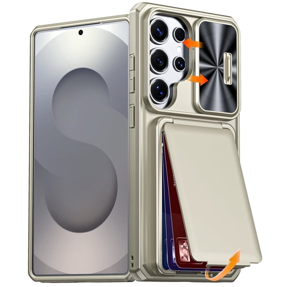 Vizvera for Samsung Galaxy S25 Ultra Case,with RFID Blocking,Card Holder,Slide Camera Lens,Silicone Edge Raised, Rugged Heavy Duty Phone Case-Titanium