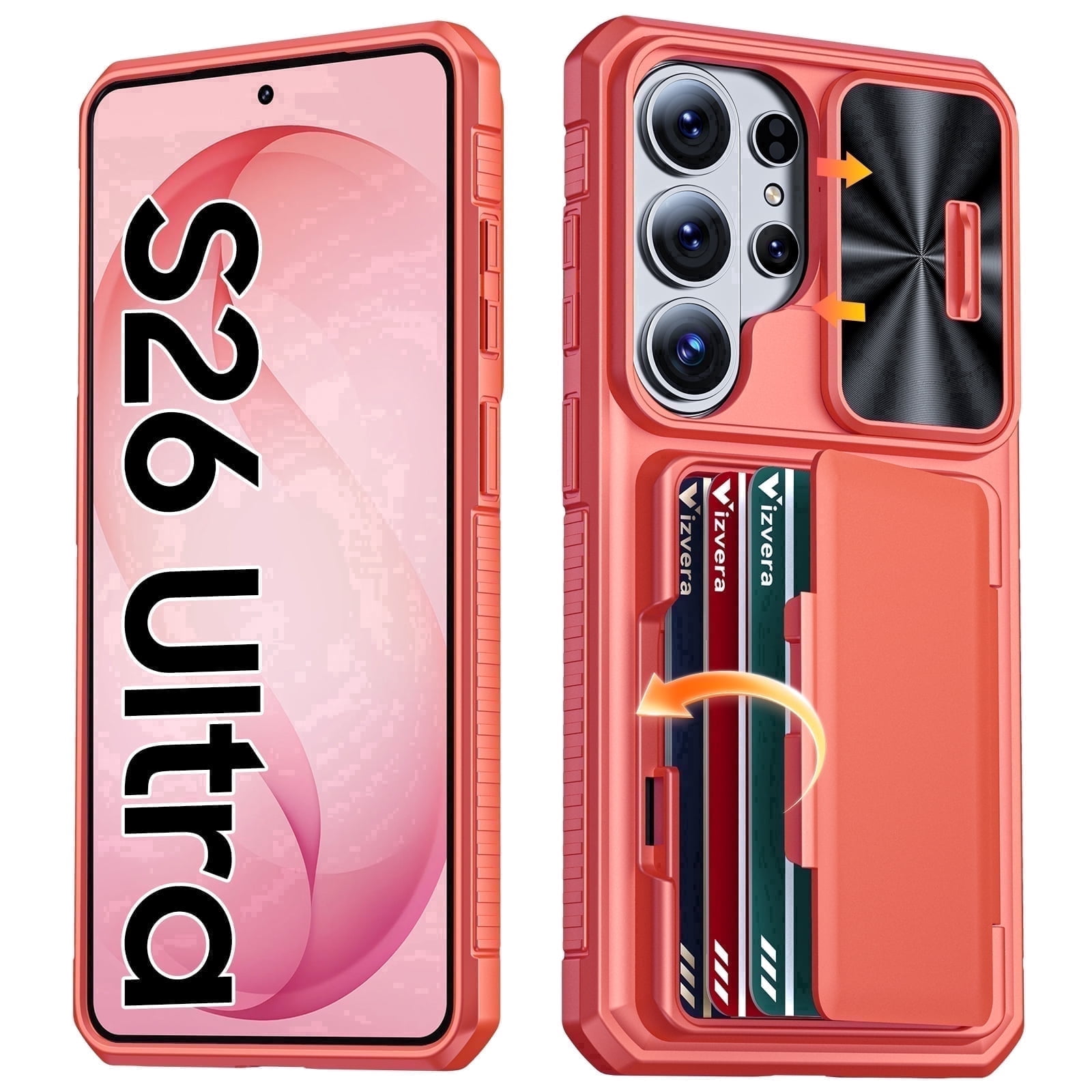 Vizvera for Samsung Galaxy S26 Ultra Case Wallet with RFID [Cards Holder][Camera Cover][Edge Raised] Shockproof Silicone Phone Case-Coral Red