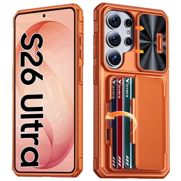 Vizvera for Samsung Galaxy S26 Ultra Phone Case with Card Holder [RFID Blocking] & Slide Camera Cover & Heavy Duty Wallet Cover Phone Case-Orange