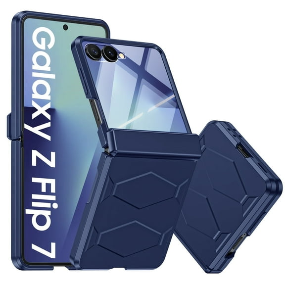 Vizvera for Samsung Galaxy Z Flip 7 Case with Hinge Cover,Built-in Screen Protector Shockproof All-Inclusive Smartphone Cover Wireless Charging-Blue