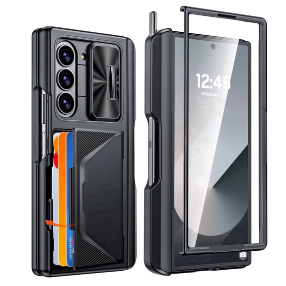 Vizvera for Samsung Galaxy Z Fold 6 Phone Case,with RFID Cards Holder,S Pen Holder,Camera Cover, Shockproof Silicone Protective Case-Black