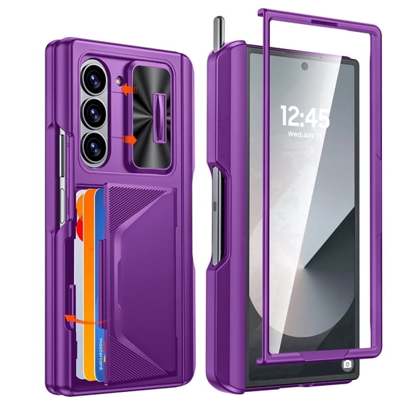 Vizvera for Samsung Galaxy Z Fold 6 Phone Case,with RFID Cards Holder,S Pen Holder,Camera Cover, Shockproof Silicone Protective Case-Purple
