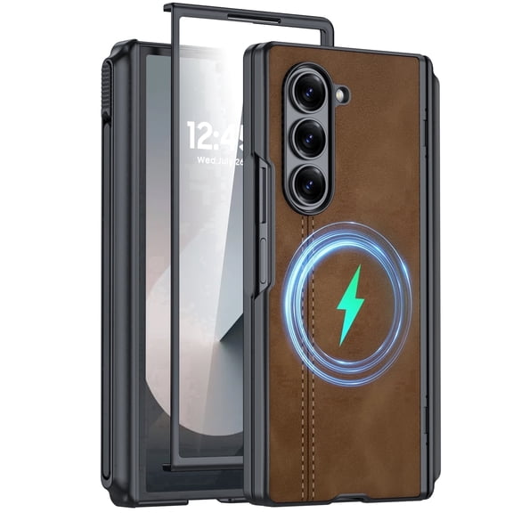 Vizvera for Samsung Galaxy Z Fold 6 Phone Case with S Pen Holder [Hinge Protection & Screen Protection] PU Leather Matte PC Shockproof Case-Brown