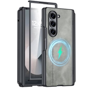 Vizvera for Samsung Galaxy Z Fold 6 Phone Case with S Pen Holder [Hinge Protection & Screen Protection] PU Leather Matte PC Shockproof Case-Gray