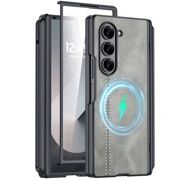 Vizvera for Samsung Galaxy Z Fold 6 Phone Case with S Pen Holder [Hinge Protection & Screen Protection] PU Leather Matte PC Shockproof Case-Gray