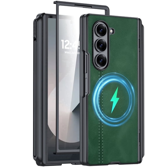 Vizvera for Samsung Galaxy Z Fold 6 Phone Case with S Pen Holder [Hinge Protection & Screen Protection] PU Leather Matte PC Shockproof Case-Green