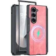 Vizvera for Samsung Galaxy Z Fold 6 Phone Case with S Pen Holder [Hinge Protection & Screen Protection] PU Leather Matte PC Shockproof Case-Pink
