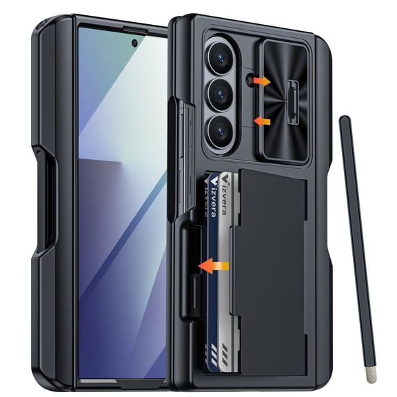 Vizvera for Samsung Galaxy Z Fold 7 Phone Case,with RFID Cards Holder,S Pen Holder,S Pen,Camera Cover, Shockproof Silicone Protective Case-Black