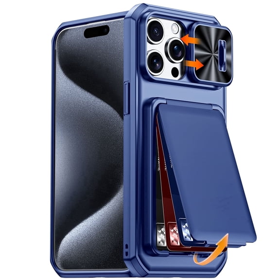 Vizvera for iPhone 15 Pro Max Luxury Wallet Case, with RFID Blocking Card Holder, Slide Camera Cover Shockproof Protective Case-Blue