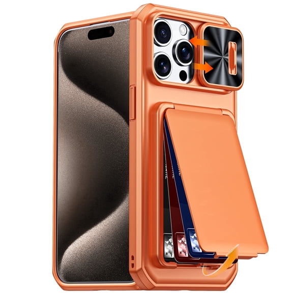 Vizvera for iPhone 15 Pro Max Luxury Wallet Case, with RFID Blocking Card Holder, Slide Camera Cover Shockproof Protective Case-Orange