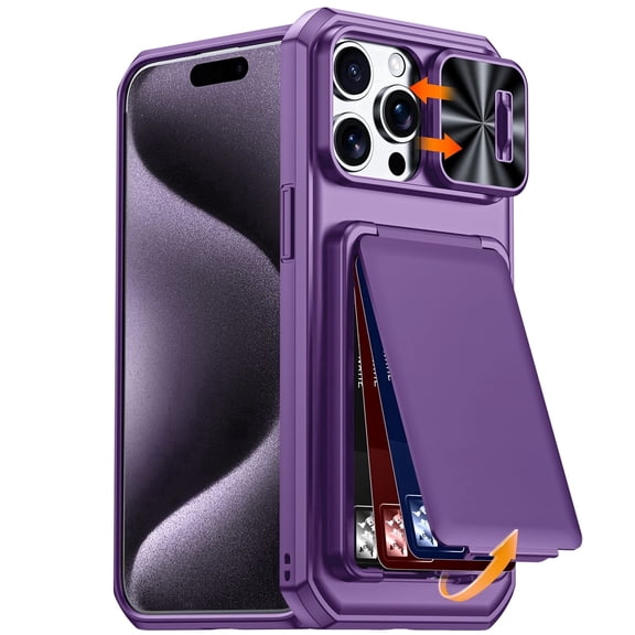 Vizvera for iPhone 15 Pro Max Luxury Wallet Case, with RFID Blocking Card Holder, Slide Camera Cover Shockproof Protective Case-Purple