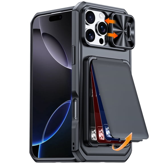 Vizvera for iPhone 16 Pro Max Phone Case with [Card Holder][Sliding Camera Cover][RFID Blocking] Shockproof Rugged Wallet Case Phone-Black