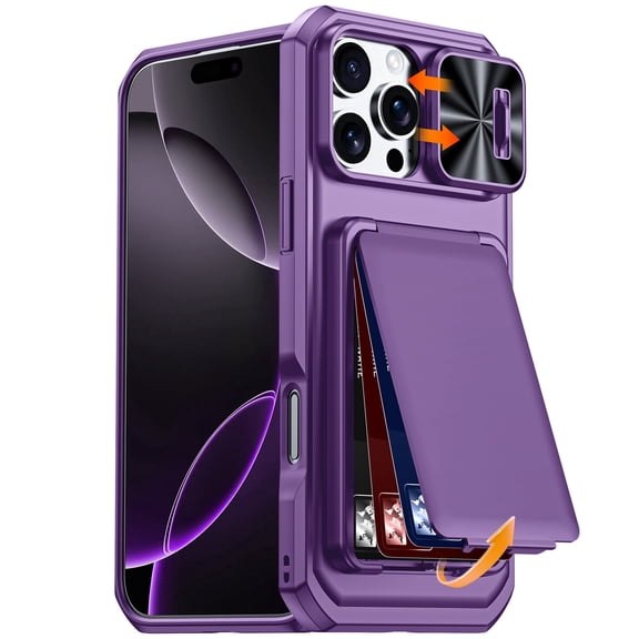 Vizvera for iPhone 16 Pro Max Phone Case with [Card Holder][Sliding Camera Cover][RFID Blocking] Shockproof Rugged Wallet Case Phone-Purple