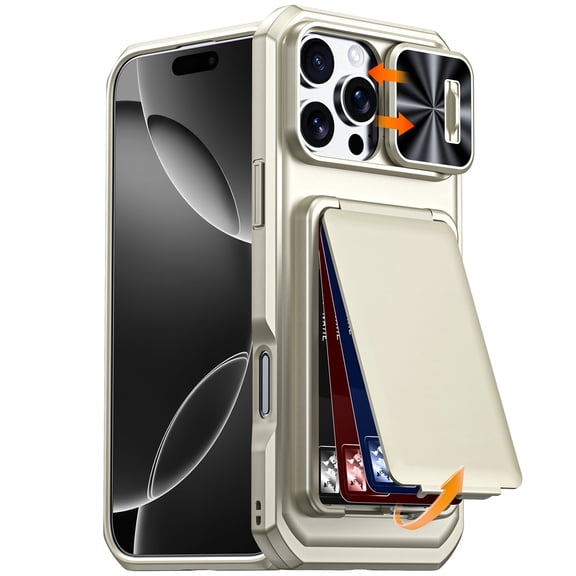 Vizvera for iPhone 16 Pro Max Phone Case with [Card Holder][Sliding Camera Cover][RFID Blocking] Shockproof Rugged Wallet Case Phone-Titanium