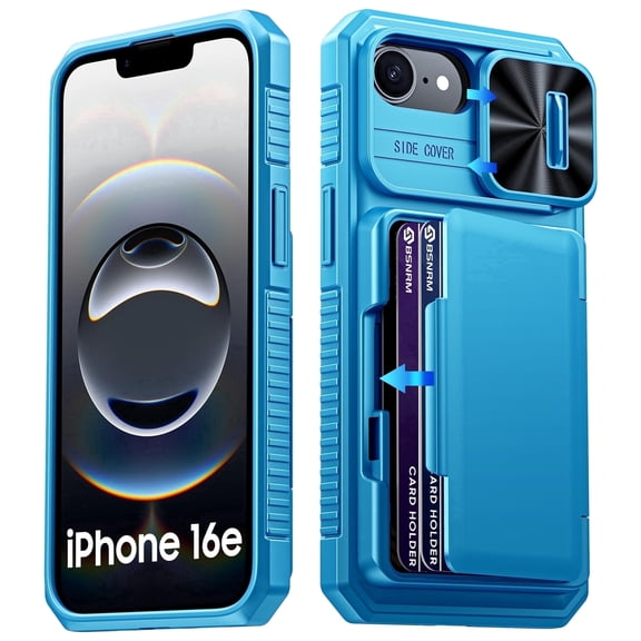 Vizvera for iPhone 16e/iPhone 17e Case Wallet RFlD [Cards Holder][Camera Control][Camera Cover] Full Body Rugged Shockproof Silicone Protective Phone Case-Light Blue