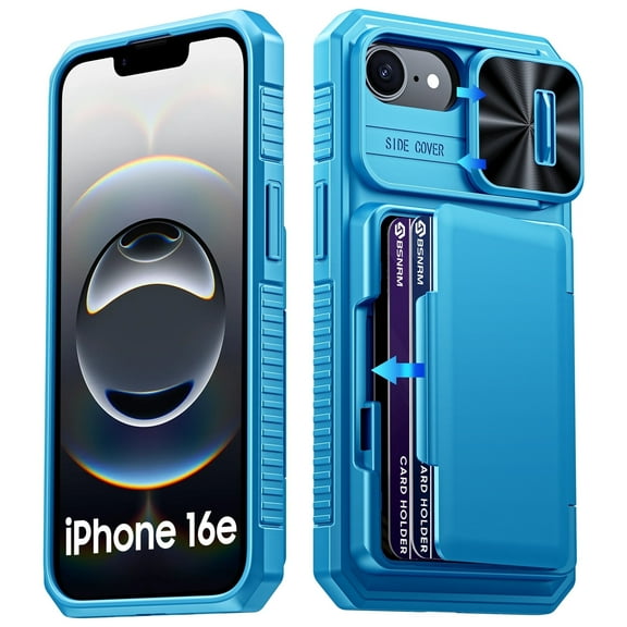 Vizvera for iPhone 16 E Case Wallet RFlD [Cards Holder][Camera Control][Camera Cover] Full Body Rugged Shockproof Silicone Protective Phone Case for iPhone 16 E-Light Blue