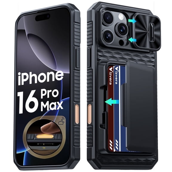 Vizvera for iPhone 16 Pro Max Case Wallet RFlD [Cards Holder][Camera Control][Camera Cover] Full Body Rugged Shockproof Silicone Protective Phone Case for iPhone 16 Pro Max-Black