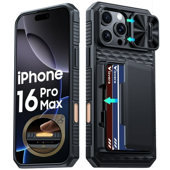 Vizvera for iPhone 16 Pro Max Case Wallet RFlD [Cards Holder][Camera Control][Camera Cover] Full Body Rugged Shockproof Silicone Protective Phone Case for iPhone 16 Pro Max-Black