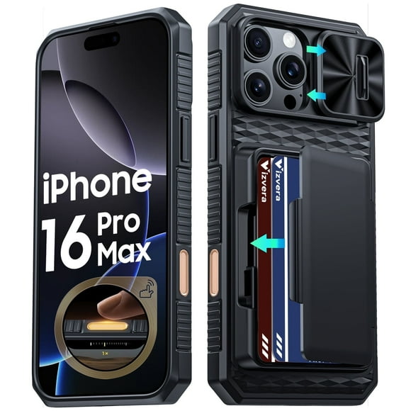 Vizvera for iPhone 16 Pro Max Case Wallet RFlD [Cards Holder][Camera Control][Camera Cover] Full Body Rugged Shockproof Silicone Protective Phone Case for iPhone 16 Pro Max-Black