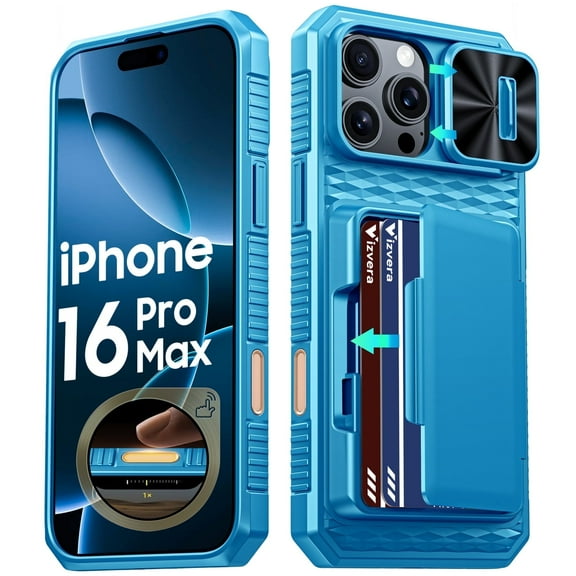 Vizvera for iPhone 16 Pro Max Case Wallet RFlD [Cards Holder][Camera Control][Camera Cover] Full Body Rugged Shockproof Silicone Protective Phone Case for iPhone 16 Pro Max-Light Blue