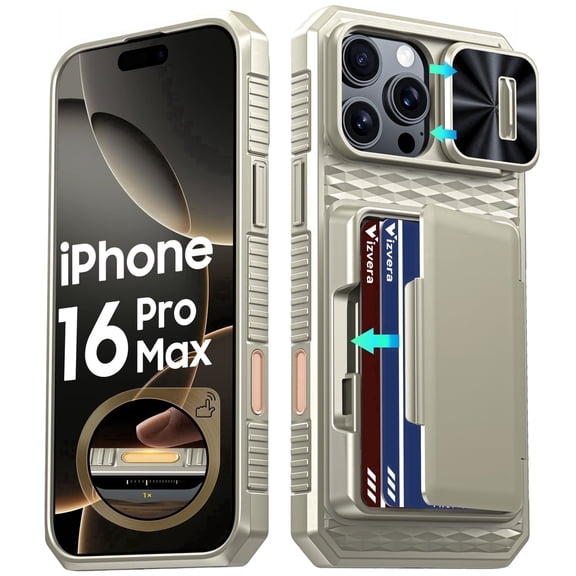 Vizvera for iPhone 16 Pro Max Case Wallet RFlD [Cards Holder][Camera Control][Camera Cover] Full Body Rugged Shockproof Silicone Protective Phone Case for iPhone 16 Pro Max-Titanium