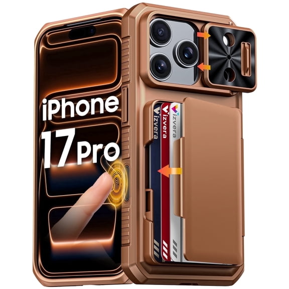 Vizvera for iphone 17 Pro Case Wallet RFlD [Cards Holder][Camera Control][Camera Cover] Full Body Rugged Shockproof Silicone Protective Phone Case for iphone 17 Pro-Gold