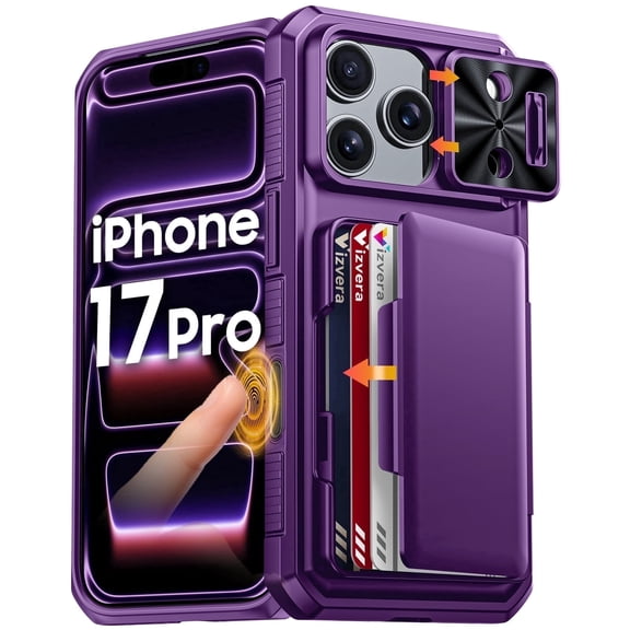 Vizvera for iphone 17 Pro Case Wallet RFlD [Cards Holder][Camera Control][Camera Cover] Full Body Rugged Shockproof Silicone Protective Phone Case for iphone 17 Pro-Purple