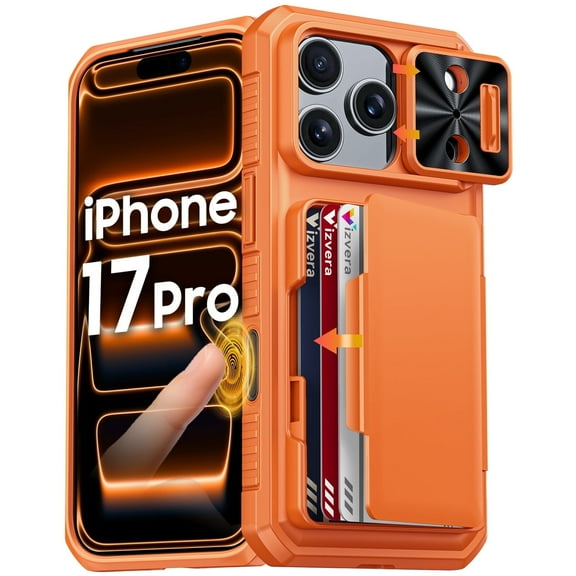 Vizvera for iphone 17 Pro Case Wallet RFlD [Cards Holder][Camera Control][Camera Cover] Full Body Rugged Shockproof Silicone Protective Phone Case for iphone 17 Pro-Orange