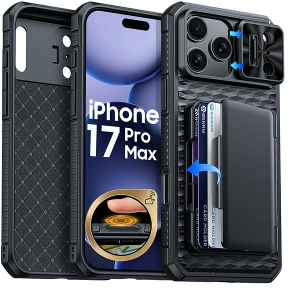 Vizvera for iphone 17 Pro Max Case Wallet RFlD [Cards Holder][Camera Control][Camera Cover] Full Body Rugged Shockproof Silicone Protective Phone Case for iphone 17 Pro Max-Black