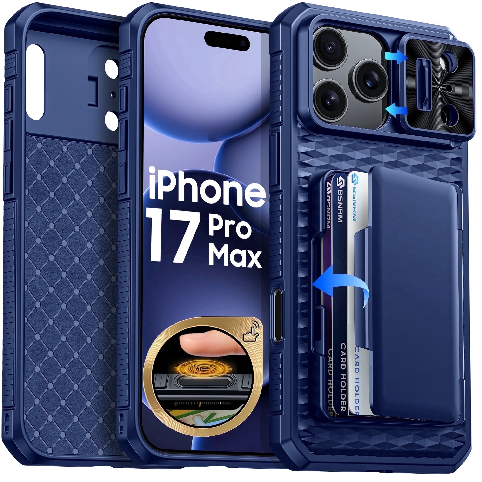 Vizvera for iphone 17 Pro Max Case Wallet RFlD [Cards Holder][Camera Control][Camera Cover] Full Body Rugged Shockproof Silicone Protective Phone Case for iphone 17 Pro Max-Blue