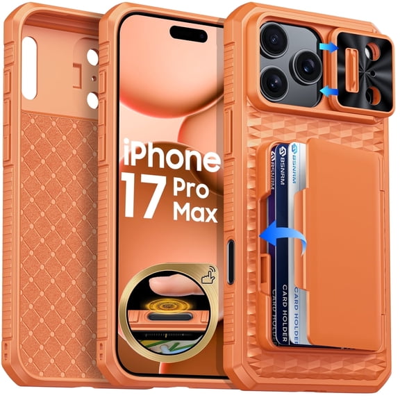 Vizvera for iphone 17 Pro Max Case Wallet RFlD [Cards Holder][Camera Control][Camera Cover] Full Body Rugged Shockproof Silicone Protective Phone Case for iphone 17 Pro Max-Orange