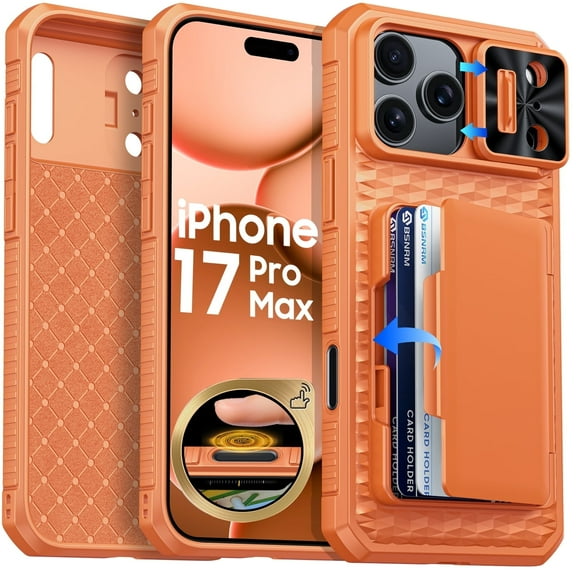 Vizvera for iphone 17 Pro Max Case Wallet RFlD [Cards Holder][Camera Control][Camera Cover] Full Body Rugged Shockproof Silicone Protective Phone Case for iphone 17 Pro Max-Orange