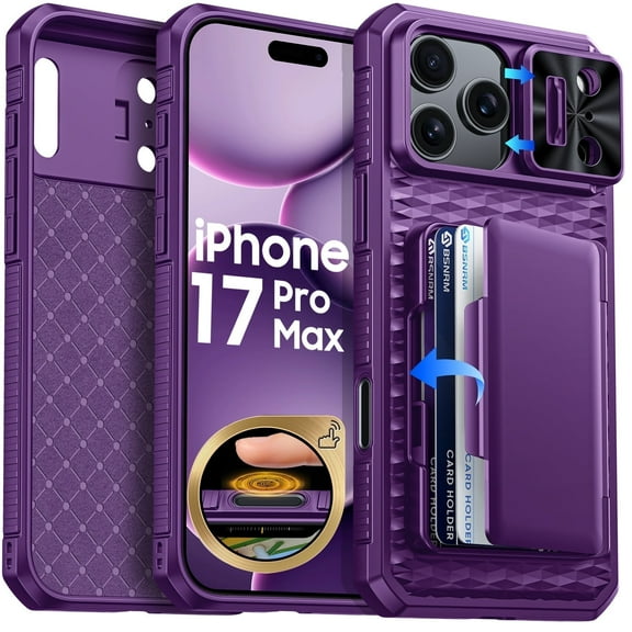 Vizvera for iphone 17 Pro Max Case Wallet RFlD [Cards Holder][Camera Control][Camera Cover] Full Body Rugged Shockproof Silicone Protective Phone Case for iphone 17 Pro Max-Purple