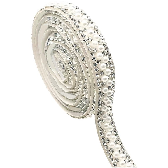 Vjnyvs 1 Yard Self-Adhesive Pearl Rhinestone Ribbon, Bling Trim Strip for DIY Crafts Wedding Decor