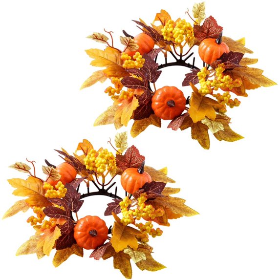 Vjnyvs 2Pcs Fall Candle Ring Wreath, Artificial Maple Leaves & Pumpkin Table Decor