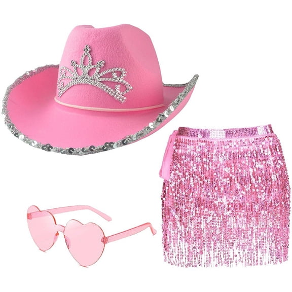 Vjnyvs 3-Piece Women's Cowboy Outfit Set, Felt Cowgirl Hat with Crown Accens, Heart Sunglasses & Sequin Dress, 1 Set