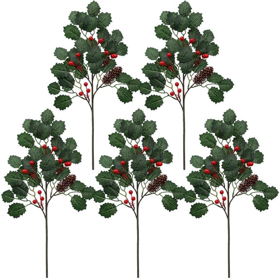 Vjnyvs Artificial Christmas Red Berry Picks 5 Pcs Faux Holly Stems for Vase, 12x20 In