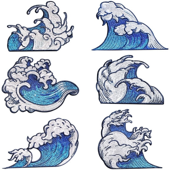 Vjnyvs Blue Sea Wave Patch,6 Pack Embroidered Ocean Applique,Sew on Repair Patch for Jeans Jacket Hat, DIY Craft Decoration