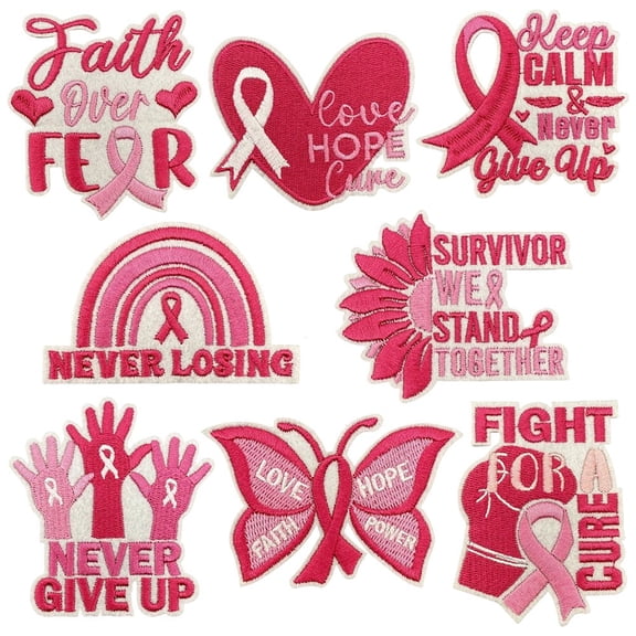 Vjnyvs Breast Cancer Awareness Iron on Patches 8Pcs Pink Ribbon Embroidered
