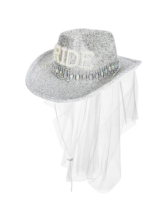 Bride Cowboy Hat with Veil Glitter Rhinestones White Cowgirl Hat with Adjustable Chin Strap