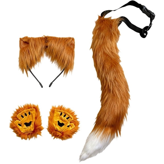 Vjnyvs Fox Ear Headband Gloves Tail Set Plush Animal Theme Party Accessory