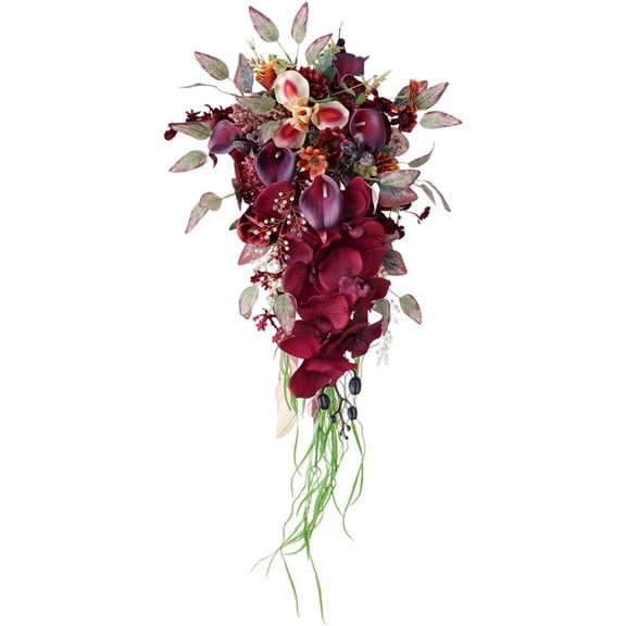 Vjnyvs Cascading Bridal Bouquet, Burgundy Roses with Ribbons Artificial Wedding Bouquet for Bride Waterfall Flowers for Wedding Ceremony