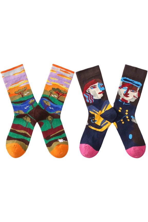 Casual Socks 2pairs Retro Oil Painting Socks, Novelty Dress Socks, Trend Leisure Sports Socks Cotton Calf Dress Crew Socks for Men Women