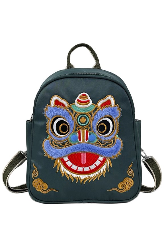 Chinese Lion Dance Embroidery Backpack, Lightweight Large Capacity Nylon Daypack