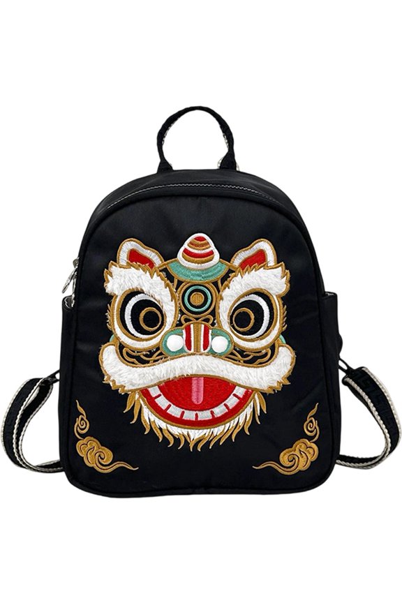 Chinese Lion Dance Embroidery Backpack, Lightweight Large Capacity Nylon Daypack